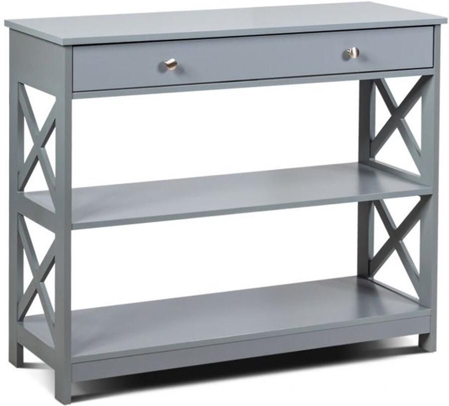 Furnibella -Moderne Consoletafel met 3 Niveaus Lade 2 Planken en X-Vormige Poten in Grijs – Stijlvol en Functioneel Meubel voor Woonkamers en Hal