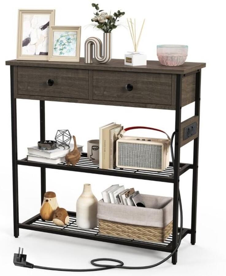 Furnibella -Moderne Consoletafel met Oplaadstation en Opbergruimte – Hal tafel met 2 Lades en 2 Metalen Gaasplanken Grijs