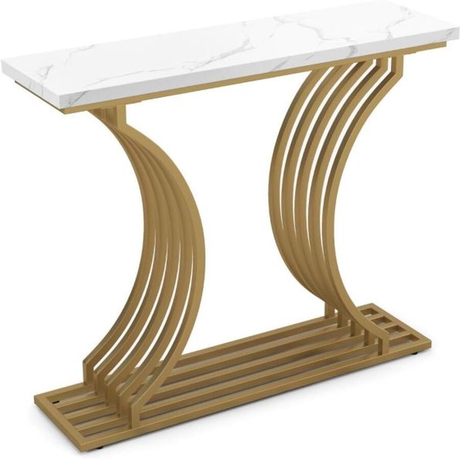 Furnibella -Moderne Consoletafel met Wit Imitatiemarmeren Tafelblad en Geometrische Metalen Poten – Stijlvolle Halmeubel met Minimalistisch Design