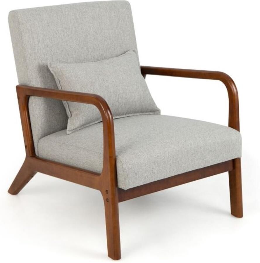 Furnibella Moderne Fauteuil voor de Woonkamer – Gestoffeerde Lounge Stoel met Houten Armleuningen 65 x 79 x 77 cm-grijs