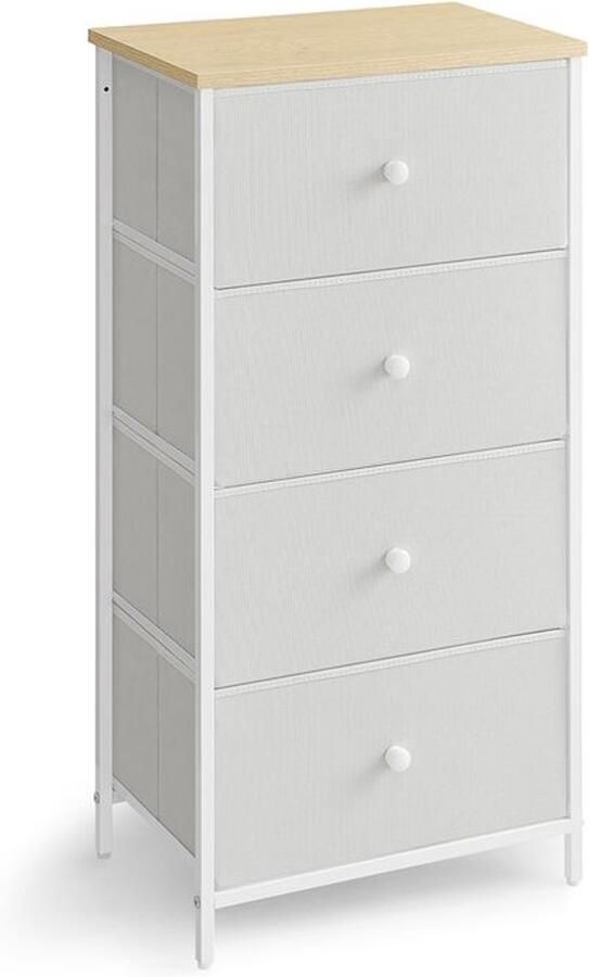 Furnibella -Moderne Ladekast – 4 Stoffen Lades Stevig Metalen Frame Wit & Eiken Afwerking