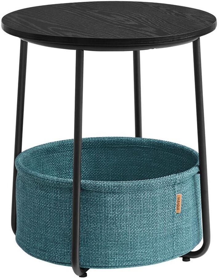 Furnibella -Moderne Ronde Bijzettafel met Mand van Zwarte Houtlook Stof en Donkerturkoois