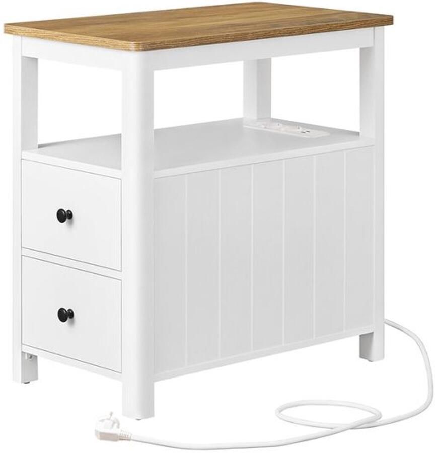 Furnibella -Moderne Smalle Bijzettafel met Ingebouwde Stekkerdoos – Walnootbruin & Wit
