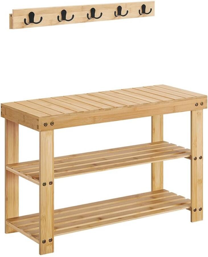 Furnibella _Moderne Wand kapstok en Schoenenbank Set – Duurzaam Bamboe Naturel Beige Multifunctioneel & Stijlvol