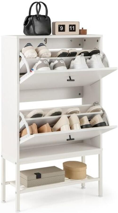 Furnibella -Moderne Witte Schoenenkast met 2 Deuren 4 Verstelbare Planken en Open Plank Rek voor Extra Opslag