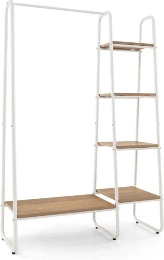 Furnibella -Modulair Metalen Kledingrek – 4 Planken Moderne & Draagbare Garderobe Organizer Duurzaam & Stijlvol Design-Natuurlijk+Wit