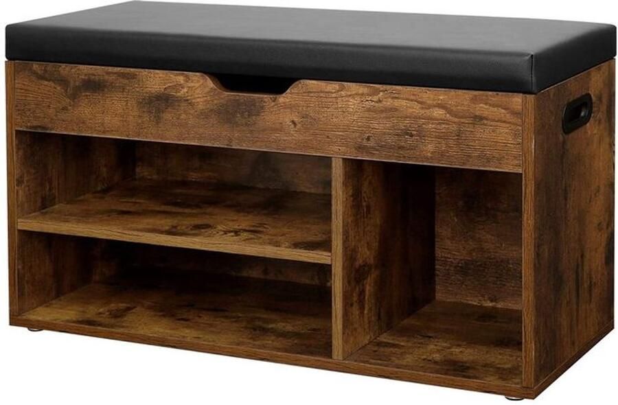 Furnibella _Multifunctionele Schoenenbank met 3 Compartimenten – Gevoerde Zitting Verstelbare Planken en Duurzaam Houten Frame_Vintage bruin + zwart