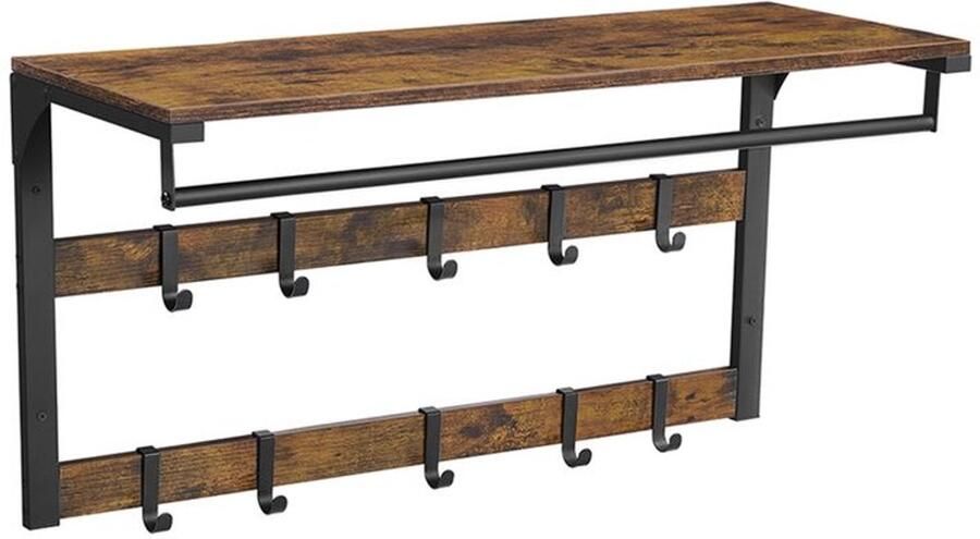 Furnibella _Multifunctionele Wand kapstok – Industrieel Design Plank met 10 Afneembare Haken Vintage Bruin-Zwart