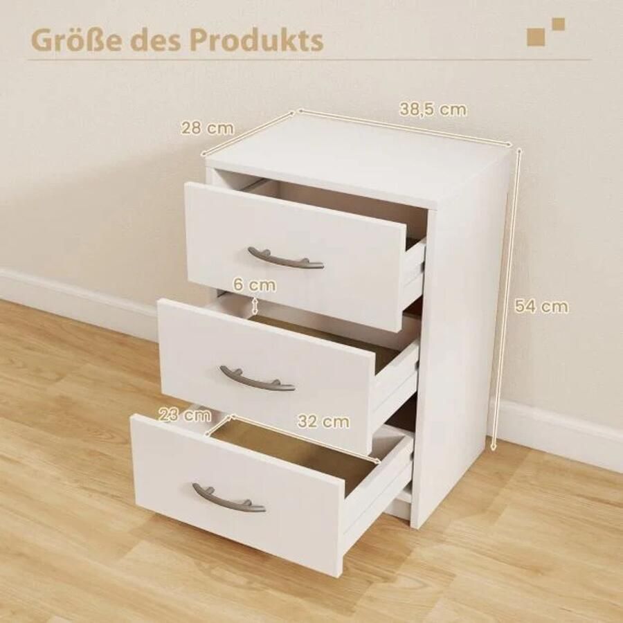 Furnibella -Nachtkastje met 3 Lades – Compacte Bijzettafel voor Boxspringbed – 38 5 x 28 x 54 cm – Wit