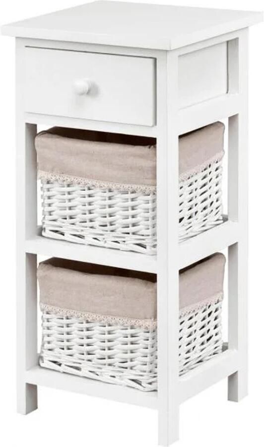 Furnibella -Nachtkastje met 3 Lagen Lade en 2 Opbergmanden – Wit en Beige – 28 x 26 x 59 5 cm – Stijlvolle Opbergkast