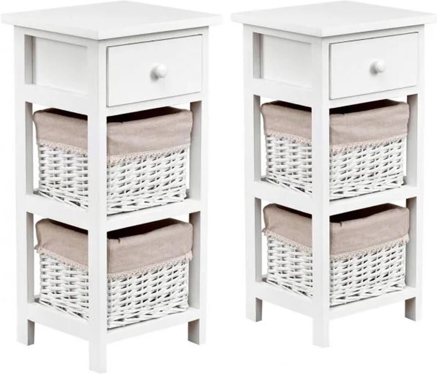 Furnibella Nachtkastje met Lade en 2 Opbergmanden – Wicker Bijzettafel – Wit – Stijlvolle Ladekast met Extra Opbergruimte