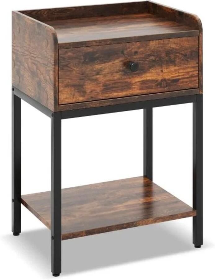 Furnibella -Nachtkastje met Lade en Open Plank – Houten Bijzettafel – 42 x 30 x 60 cm – Rustiek Bruin