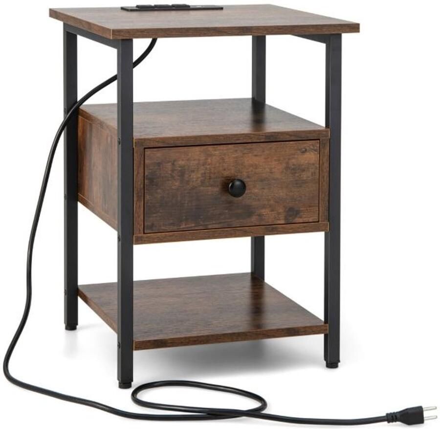 Furnibella -Nachtkastje met Oplaadstation Lade & Open Planken – Slaapkamer Bijzettafel 40 x 40 x 55 cm – Rustiek Bruin