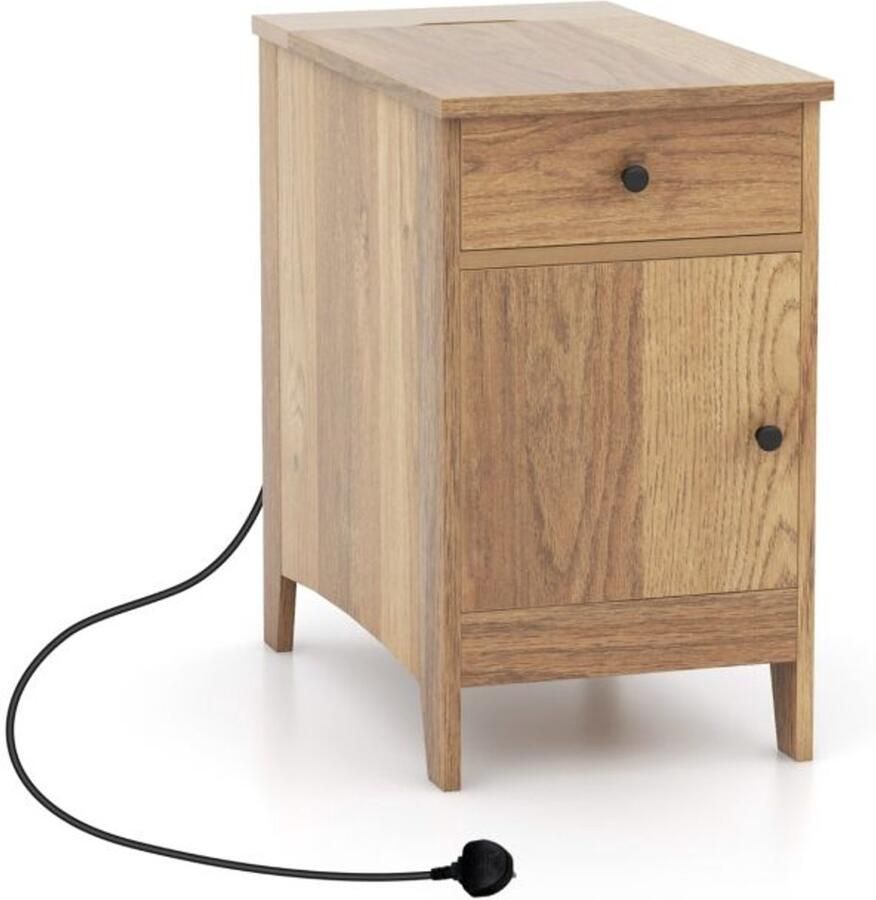 Furnibella -Nachtkastje met USB-Poorten Stopcontacten & Tijdschriftenrek – Multifunctionele Bijzettafel (Natuurlijk)