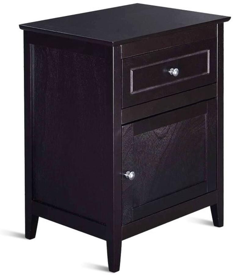 Furnibella Nachtkastje van Grenenhout met Lade en Deur – Donkerbruine Bijzettafel Salontafel – Klassiek Design