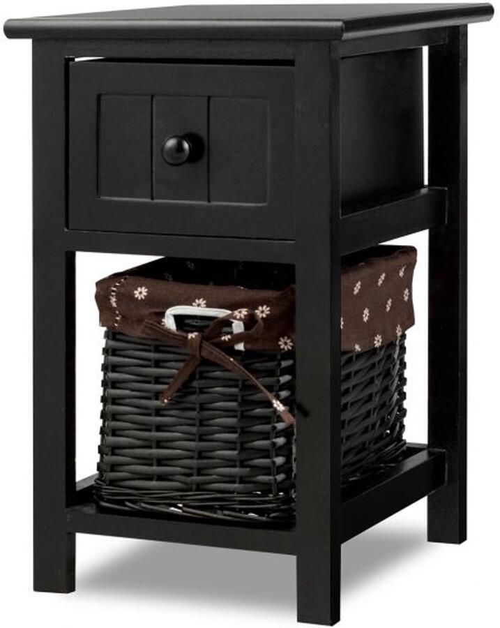 Furnibella -Nachtkastje van Hout met 2 Lagen Lade en Mand – Bijzettafel met Plank 31x28x45 cm (Zwart