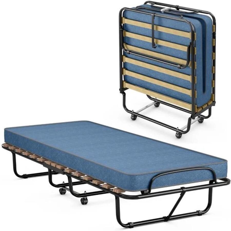 Furnibella -Opvouwbaar Logeerbed 190x80 cm – Draagbaar & Oprolbaar met Matras (Blauw Zwart Made in Italy)