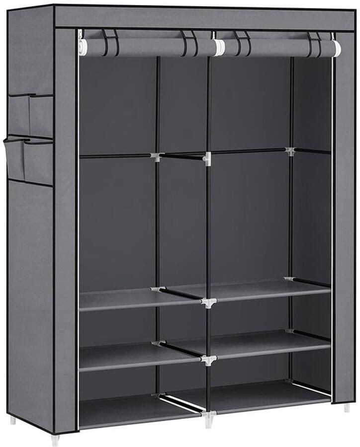 Furnibella _Opvouwbare stoffen kledingkast met 2 kledingroedes 4 zijvakken en 6 legplanken – Stevige metalen constructie ademende stof eenvoudig te monteren ideaal voor slaapkamer of camping