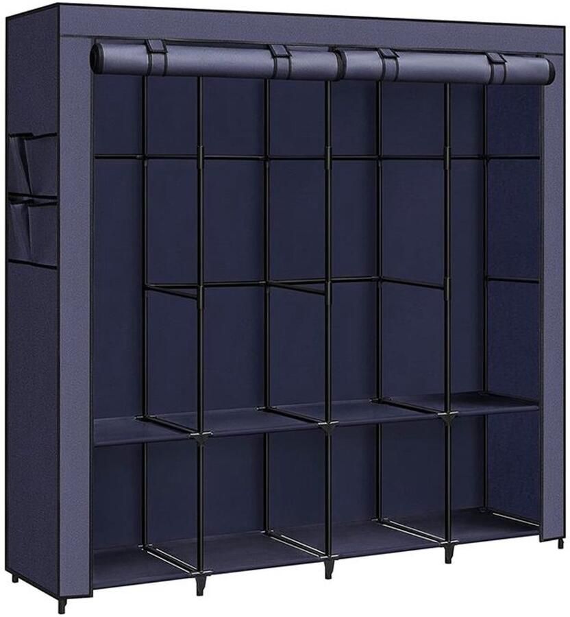 Furnibella _Opvouwbare stoffen kledingkast met 4 kledingroedes 4 zijvakken en stevige metalen frame – 175 x 150 x 45 cm DONKERBLAUW
