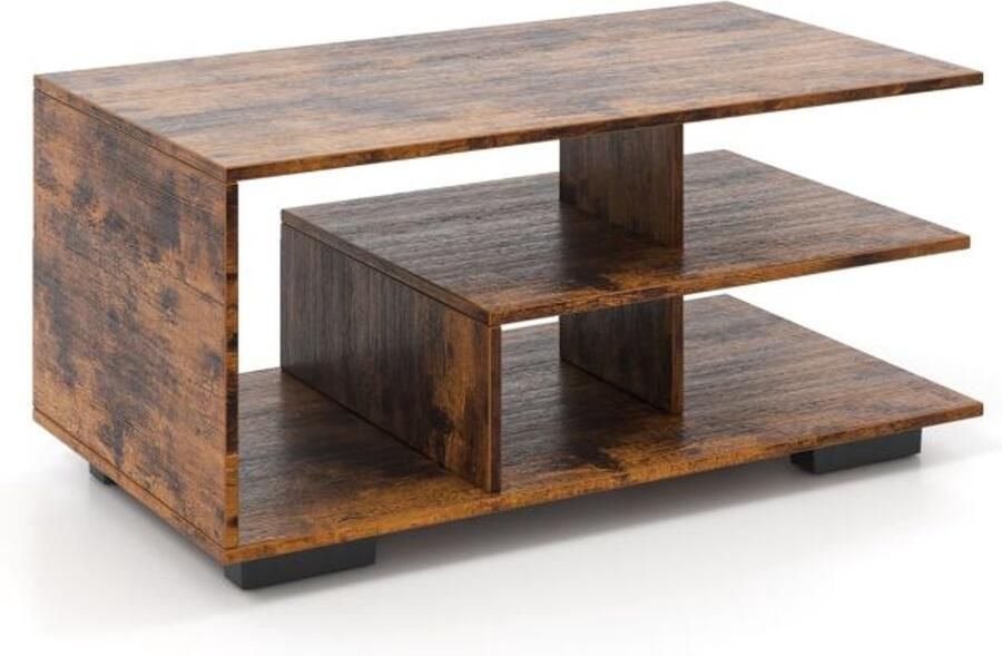 Furnibella -Rechthoekige salontafel met opbergruimte en L-vormige middenplank – stijlvol en functioneel-Bruin