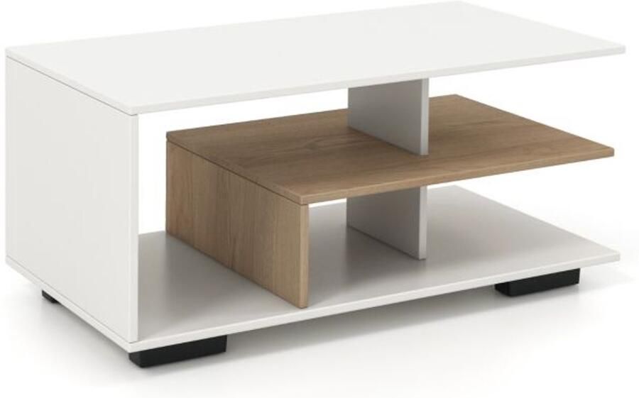 Furnibella -Rechthoekige salontafel met opbergruimte en L-vormige middenplank – Wit modern en functioneel