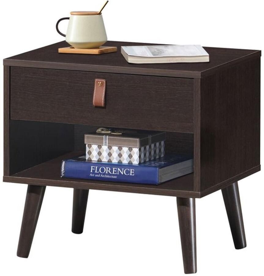 Furnibella Retro Nachtkastje met Lade en Plankje – Stevige Houten Poten – Bruine Bijzettafel