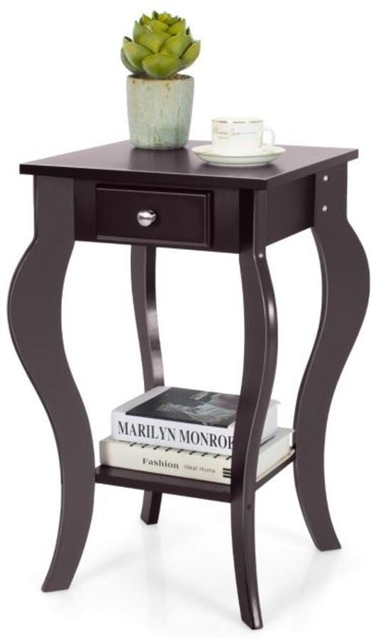 Furnibella Ronde Houten Bijzettafel met Lade en Onderplank – Stevige Constructie – Bruin