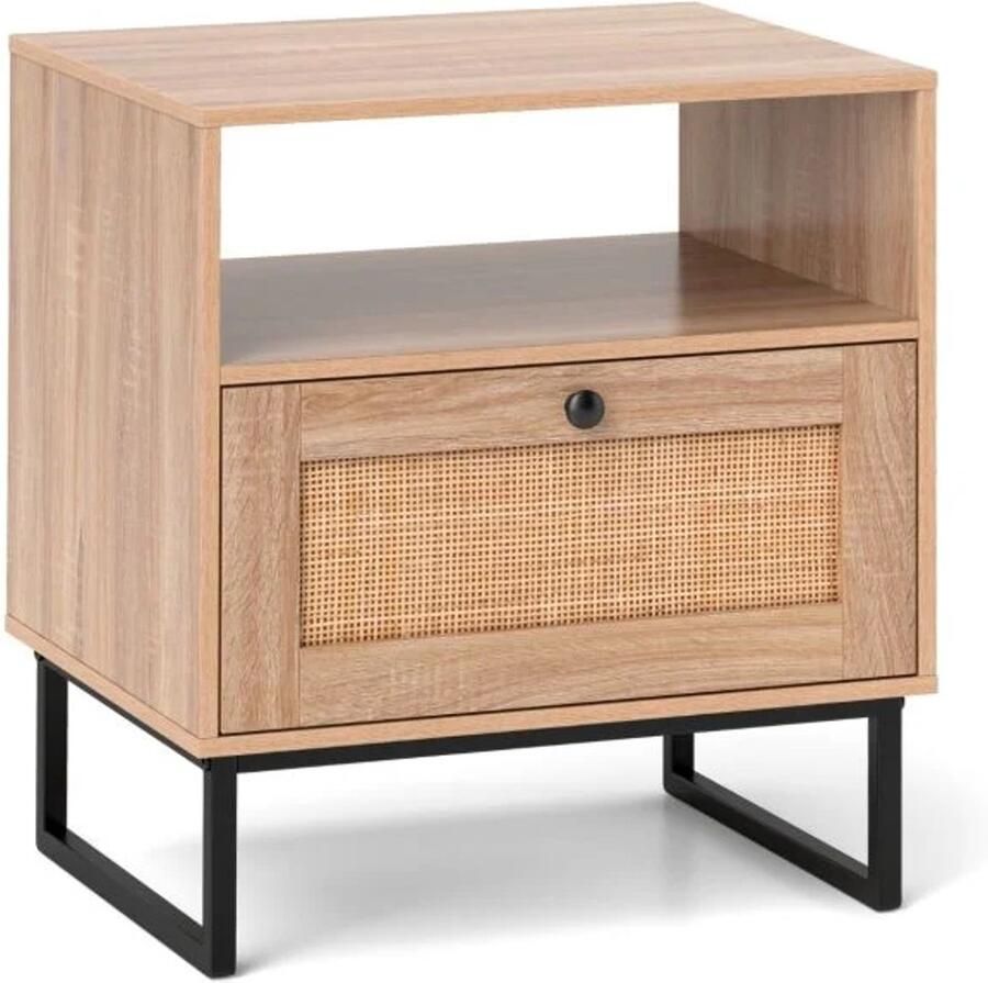 Furnibella -Rotan Nachtkastje in Middeleeuwse Stijl met Lade en Open Vak (Natuurlijk) – Bijzettafel en Accenttafel