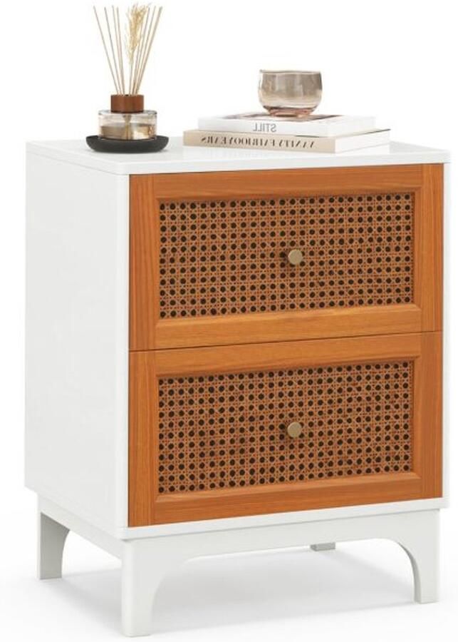 Furnibella -Rotan Nachtkastje met 2 Lades – Massief Houten Poten & Stijlvolle Bijzettafel (46 x 33 x 59 5 cm Wit Bruin)