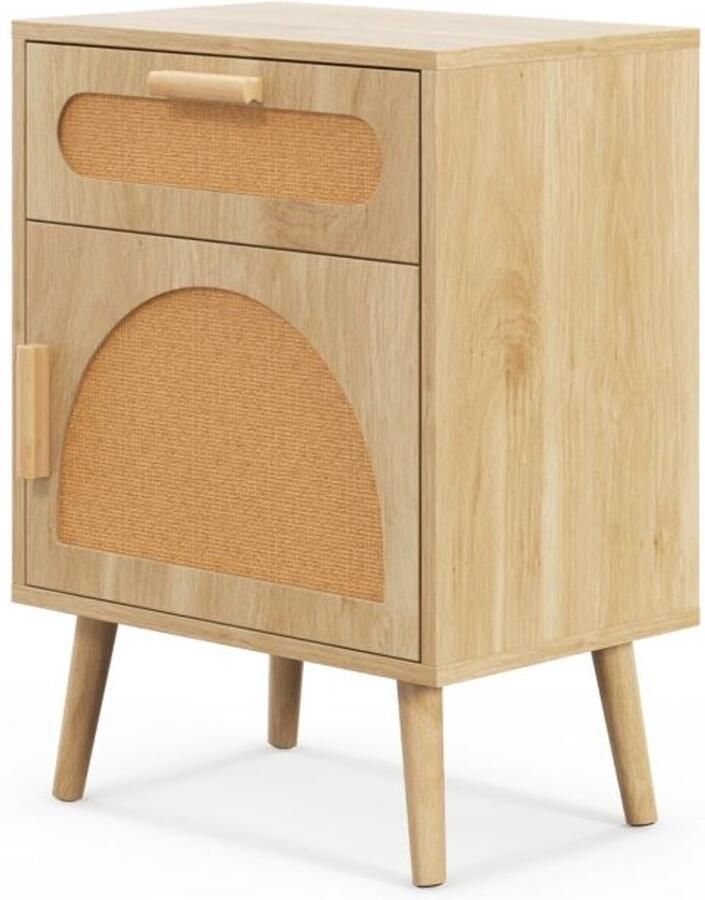 Furnibella -Rotan Nachtkastje met Lade & Kast – Boho Stijl Bijzettafel en Bank Tafel (Natuurlijk)