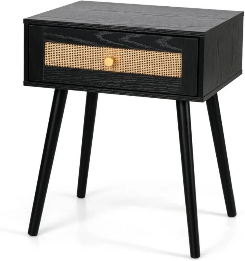 Furnibella -Rotan Nachtkastje met Lade en Massief Houten Poten (48 x 40 x 58 cm – Zwart)