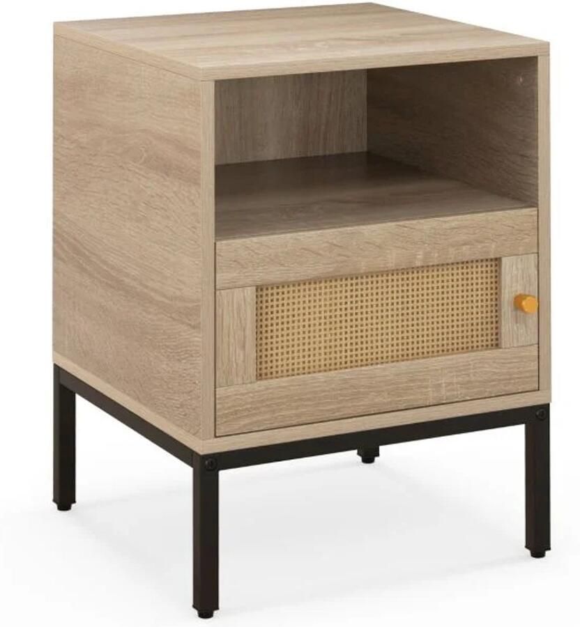 Furnibella -Rotan Nachtkastje met Open Plank en Lade (40 x 40 x 57 cm – Naturel)