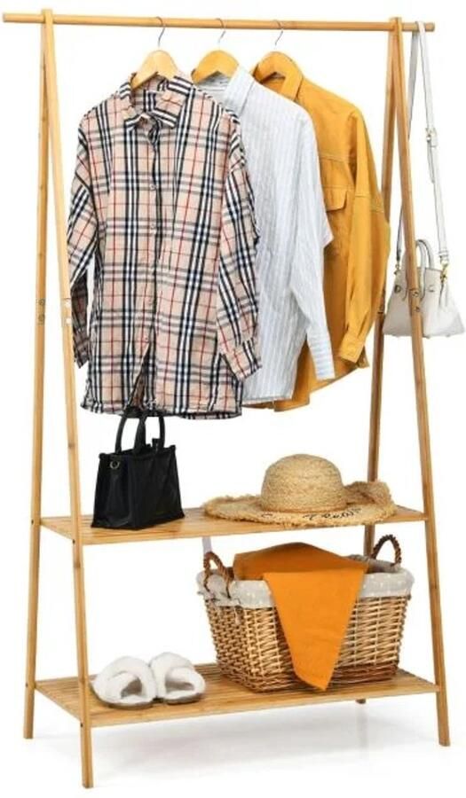 Furnibella -Ruimtebesparend Bamboe Kledingrek met 2 Planken – Duurzaam Stijlvol & Natuurlijk Design