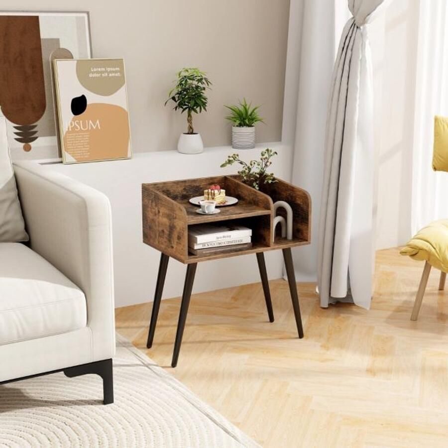 Furnibella -Rustiek Bruin Nachtkastje met Open Vak – Stijlvolle Banktafel met Metalen Poten (50 x 32 x 58 cm)