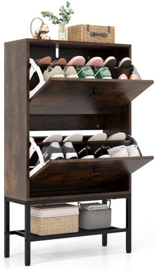 Furnibella -Rustieke Bruine Schoenenkast met 2 Deuren 4 Planken en Open Schoenenrek Stijlvolle Oplossing voor Organisatie en Opslag