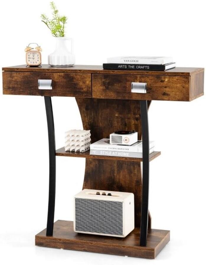 Furnibella -Rustieke Houten Consoletafel met 2 Lades en 2 Planken – 91 x 30 x 87 cm – Tafel voor Entree in Bruin