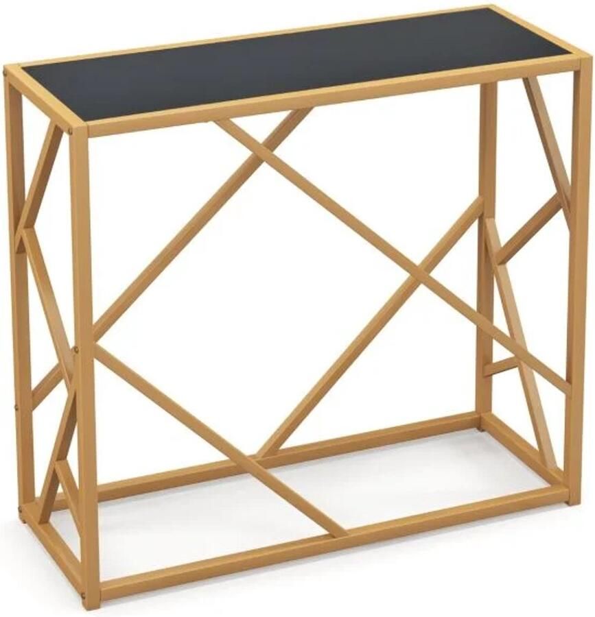Furnibella -Salontafel van 80 cm met Gehard Glazen Blad en Gouden Frame Zwart Gelakte Consoletafel – Moderne en Luxe Design