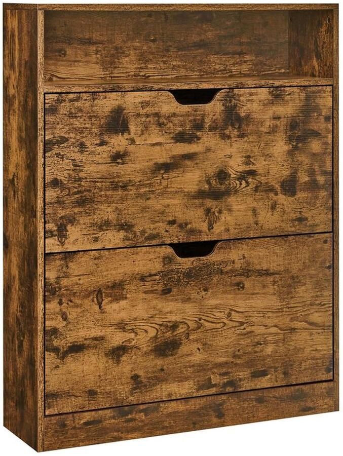 Furnibella Schoenenkast met 2 Kleppen en Open Vak – Vintage Bruin Stijlvol en Functioneel
