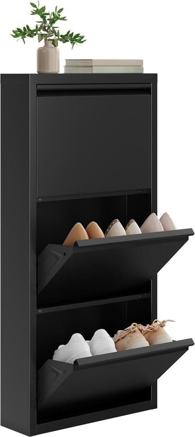 Furnibella Schoenenkast met 3 Kleppen – Metaal Schoenenrek voor 9 Paar Schoenen Zwart Design voor Hal en Woonkamer