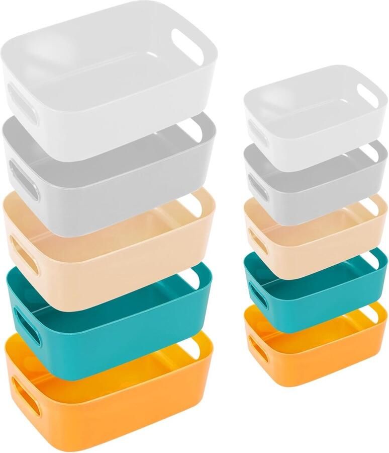 Furnibella -Set van 10 Opbergdozen in 2 Maten – Kunststof Manden met Handgrepen – Veelkleurige Organizer voor Keukenkast Badkamer Kantoor Rek of Kast