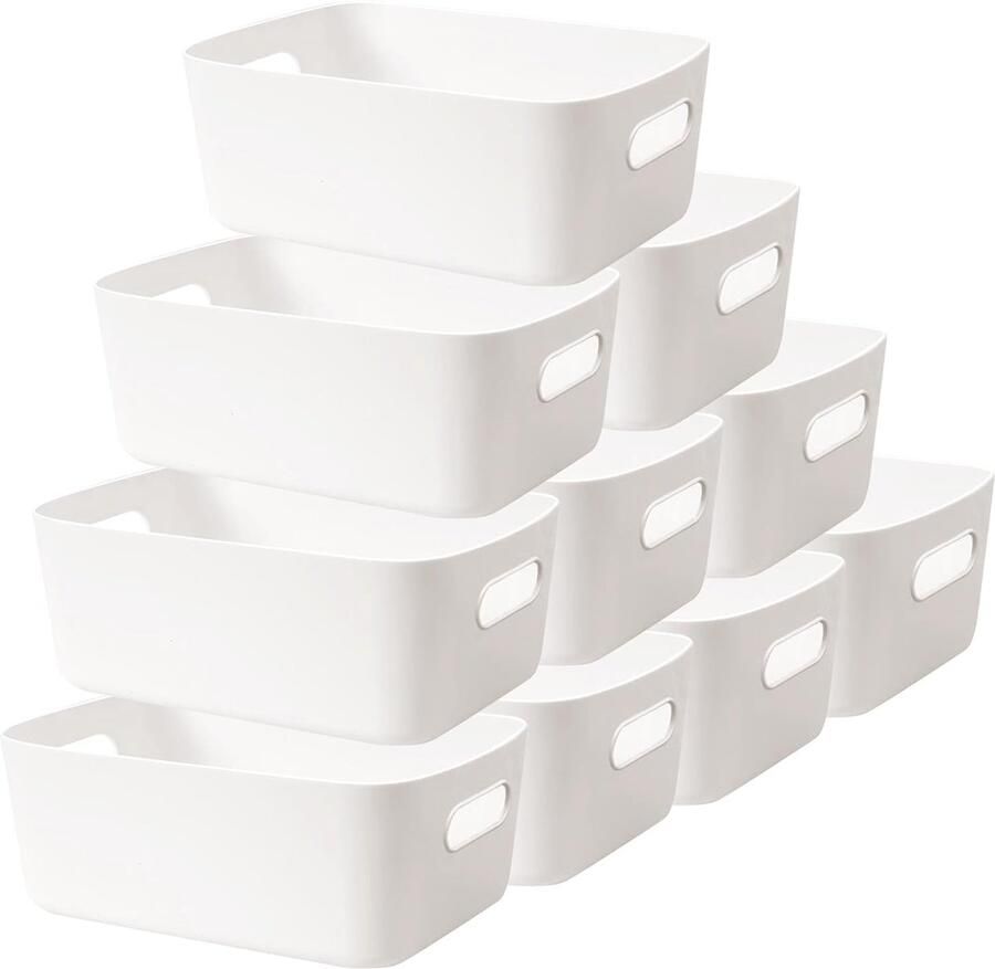 Furnibella -Set van 10 Opbergdozen – Kunststof 30 cm – Grote Witte Manden – Plastic Opbergboxen voor Badkamer Keukenkast Rek en Organizer