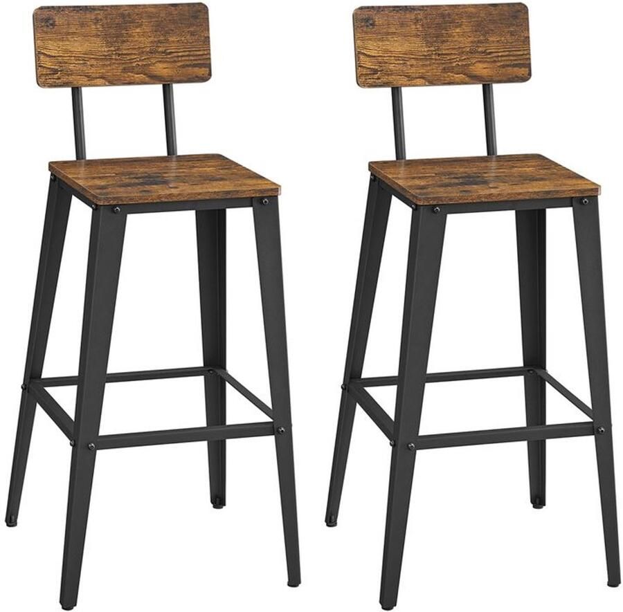 Furnibella -Set van 2 Barkrukken met Rugleuning – Vintage Bruin & Zwart Industrieel Design