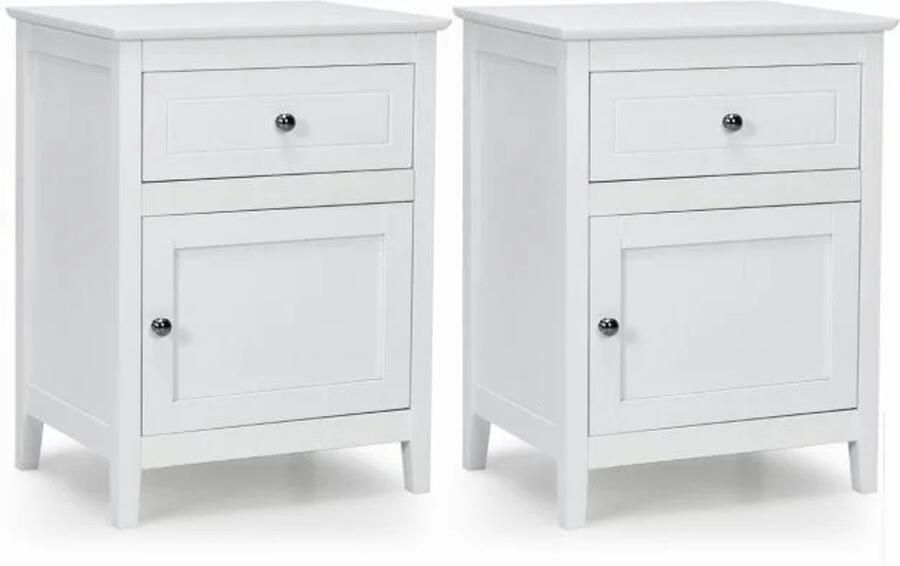 Furnibella Set van 2 Duurzame Houten Nachtkastjes – 2-Lagen Met Lade en Deur Bijzet- Accenttafels in Wit