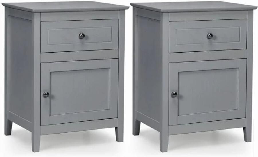 Furnibella Set van 2 Grenenhouten Nachtkastjes – 2-Lagen Met Lade en Deur Lichtgrijs Accent- Bijzettafel