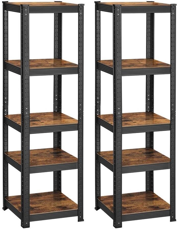 Furnibella _Set van 2 Heavy-Duty Smalle Opbergrekken met 5 Verstelbare Legplanken_Vintage bruin + zwart