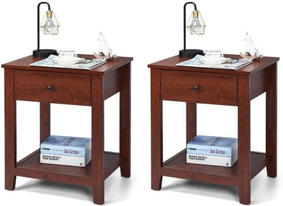 Furnibella Set van 2 Houten Nachtkastjes – 1 Lade & Open Opbergruimte met Stevige Pootconstructie (50 x 42 x 62 cm Bruin)