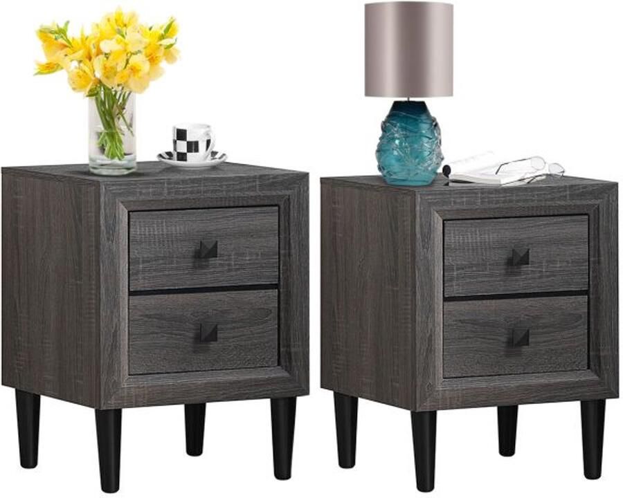 Furnibella -Set van 2 Houten Nachtkastjes – Moderne Bijzettafels met 2 Lades – Grijs Design