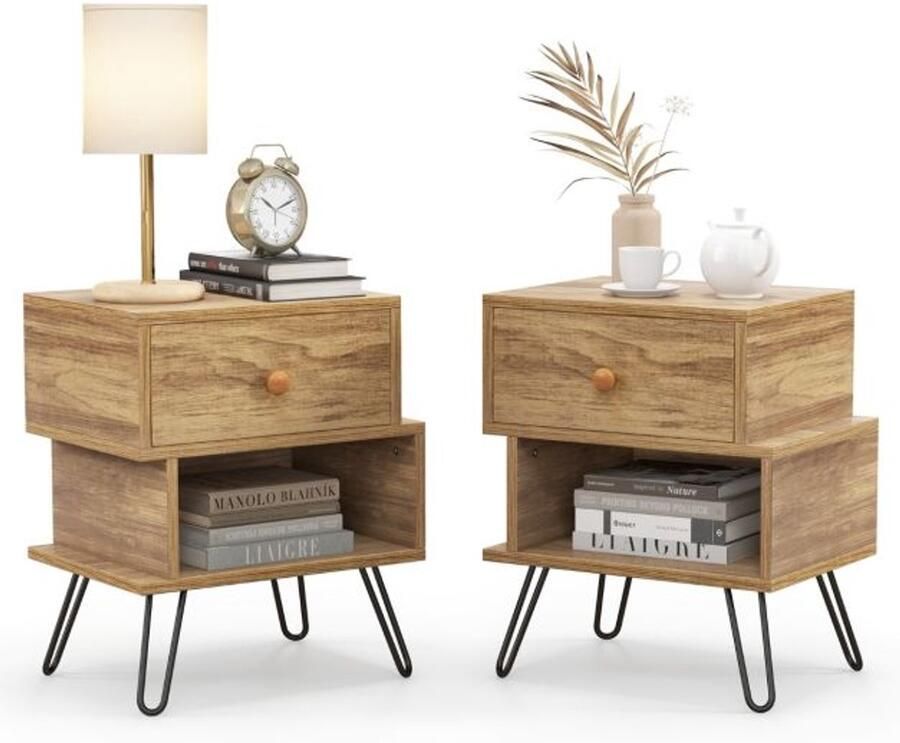 Furnibella -Set van 2 Houten Nachtkastjes – Multifunctioneel Design in Natuurlijke Stijl