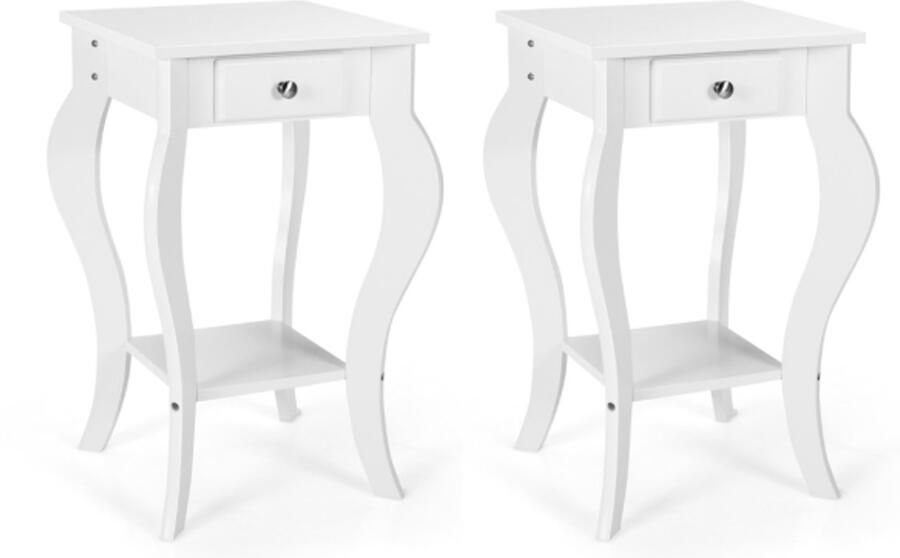 Furnibella Set van 2 Moderne Nachtkastjes met Lade en Plank – Witte Bijzettafels met Opbergruimte