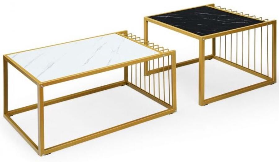 Furnibella -Set van 2 moderne nesttafels – Marmeren bijzettafels in geel zwart en wit